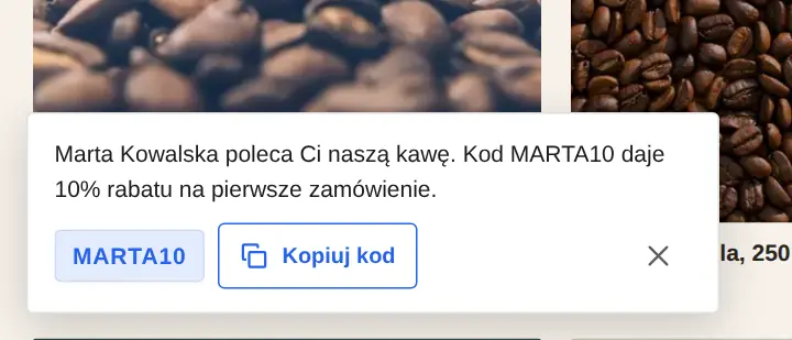 Baner w stylu A: Marta Kowalska poleca kawę, kod MARTA10 i przycisk Kopiuj kod.