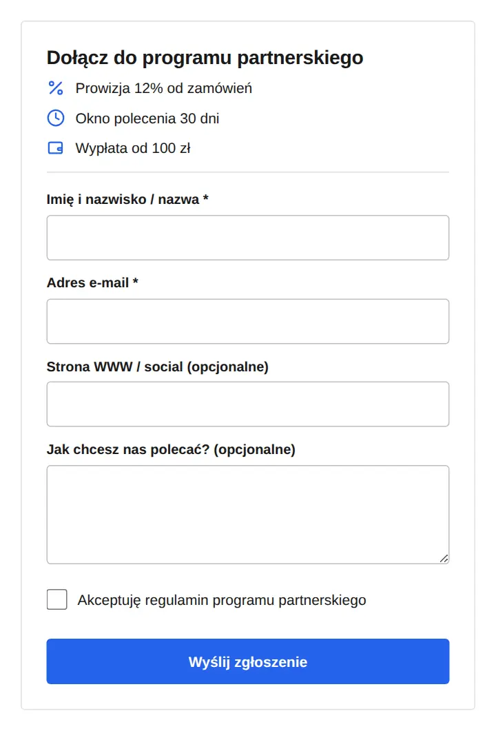 Formularz „Dołącz do programu partnerskiego” w stylu A: biała karta, niebieski przycisk Wyślij zgłoszenie.