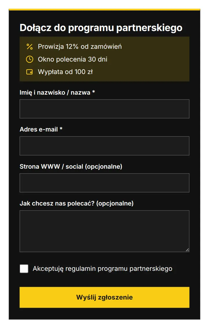 Formularz w stylu B: czarna karta, żółty pasek na górze i żółty przycisk Wyślij zgłoszenie.