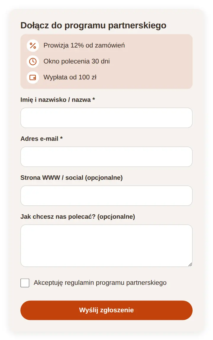 Formularz w stylu C: beżowa zaokrąglona karta i pomarańczowy przycisk Wyślij zgłoszenie.