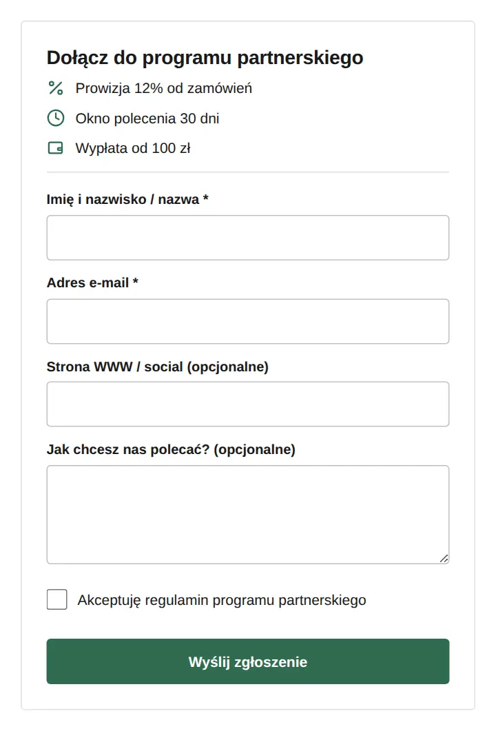 Formularz z zielonym akcentem sklepu: przycisk i ikony korzyści w kolorze zielonym.