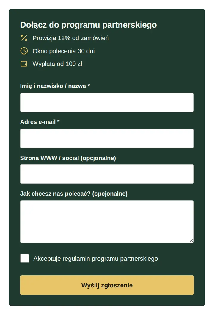 Formularz na ciemnozielonym tle z jasnym tekstem i złotym przyciskiem.
