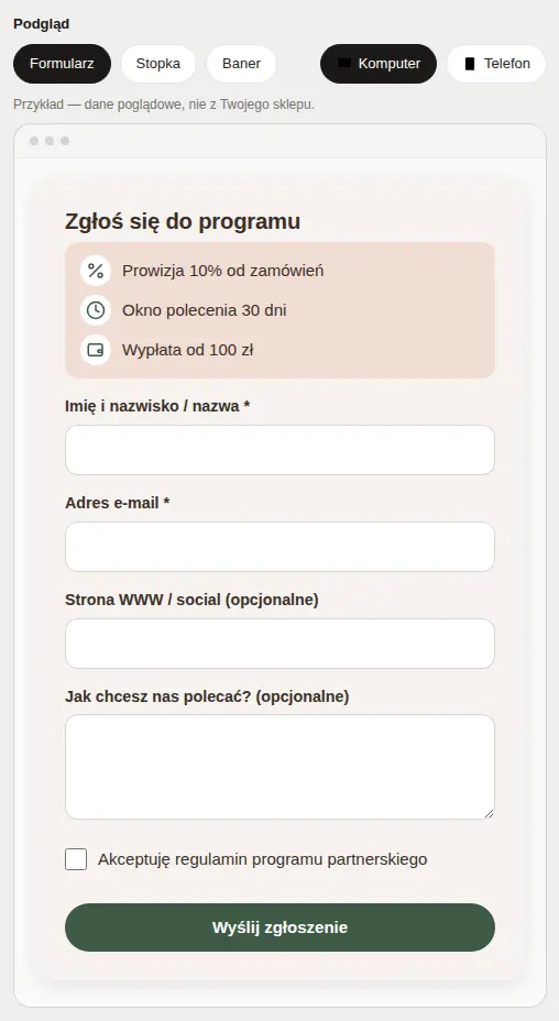 Zakładka Wygląd: przełączniki Formularz, Stopka, Baner, Komputer, Telefon i podgląd formularza.