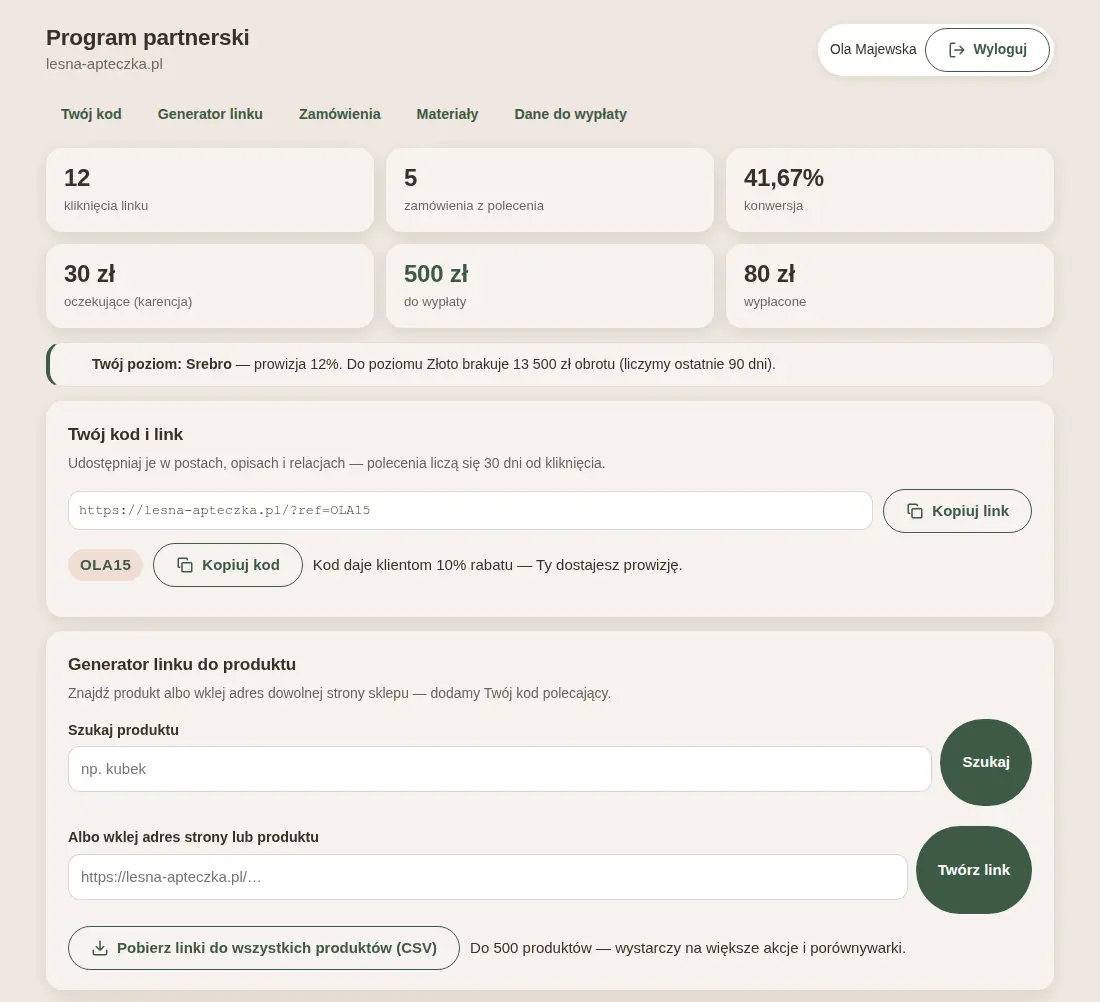 Portal partnera Ola Majewska: kafle z kliknięciami, zamówieniami i saldem, pasek poziomu Srebro, kod OLA15 i generator linku.