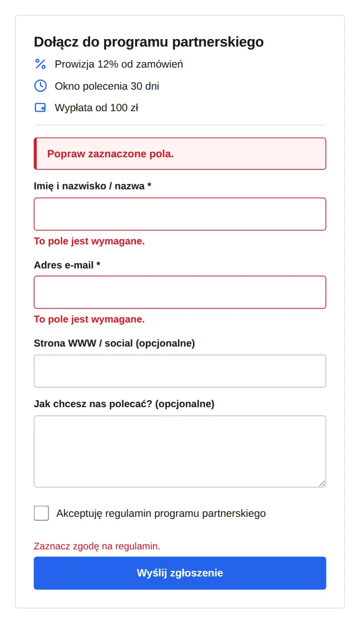 Formularz z komunikatami „To pole jest wymagane” przy imieniu i e-mailu oraz błędem zgody.