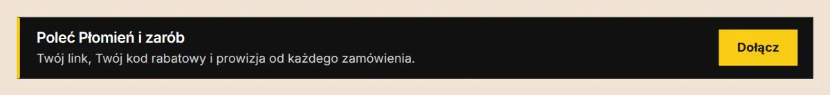 Zaproszenie w stopce sklepu, styl B: czarny pasek z żółtym przyciskiem.