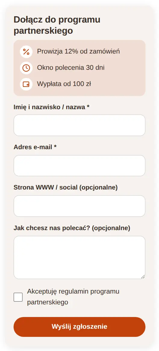 Formularz zgłoszeniowy na telefonie w stylu C, pola na całą szerokość.